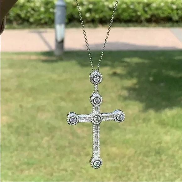 New Luxury 925 Silver Beautiful Cross For Men Women Diamond Necklace - Picture 5 of 15